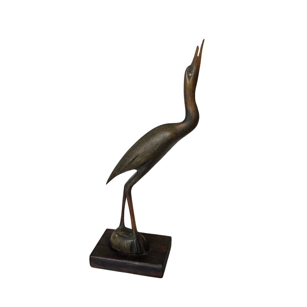 Hand Carved Wood Horn Crane Egret Heron Bird Figure Statue